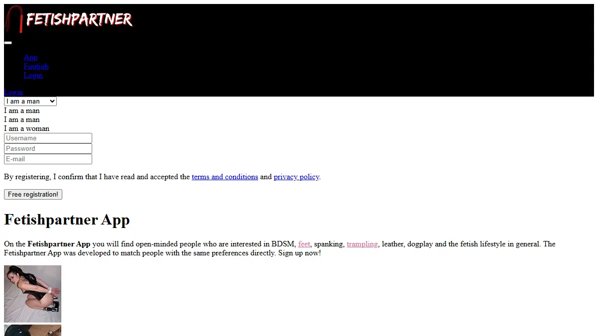Preview of the FetishPartner registration page